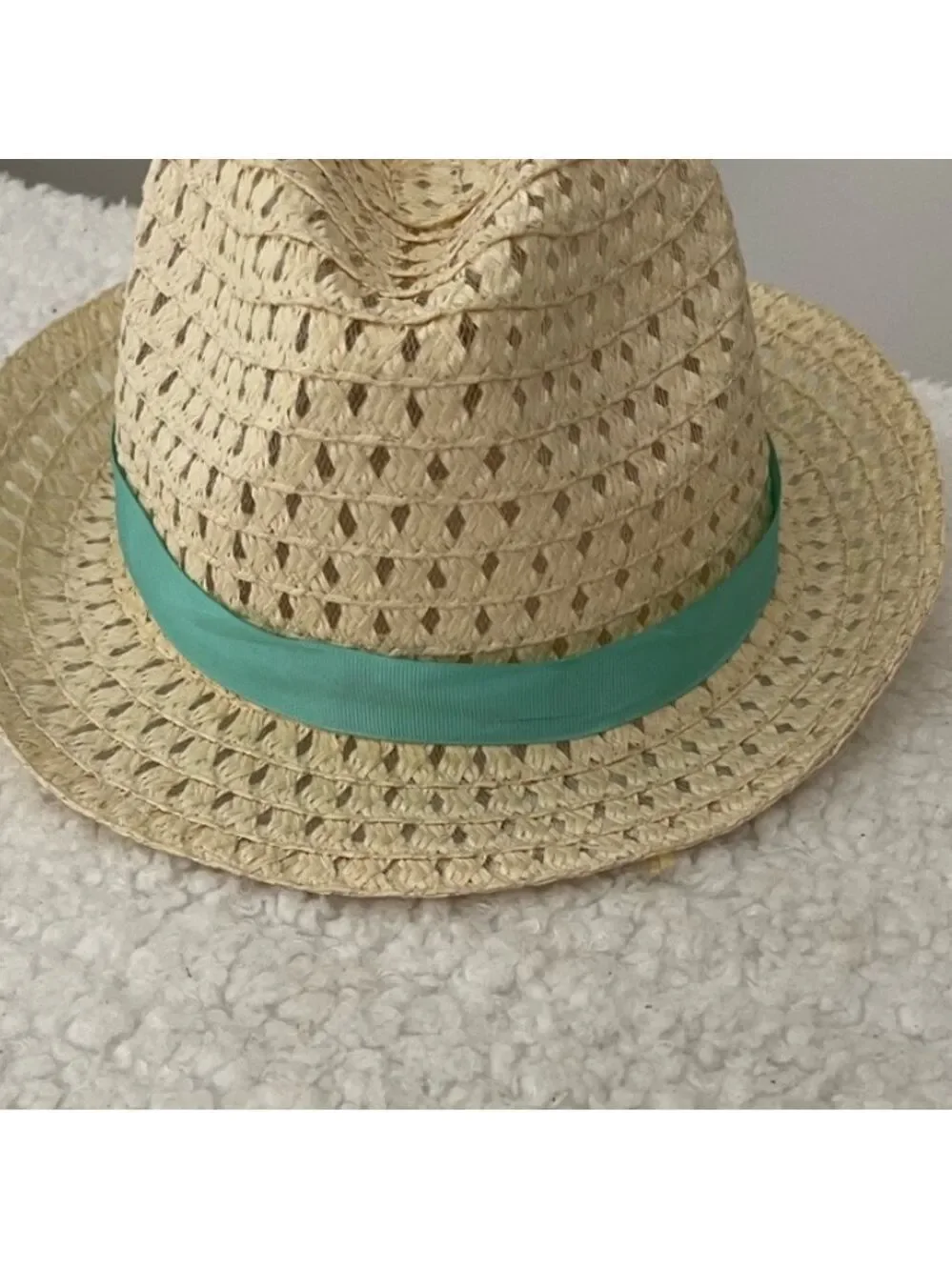 Small Straw Fedora Hat with Green Band